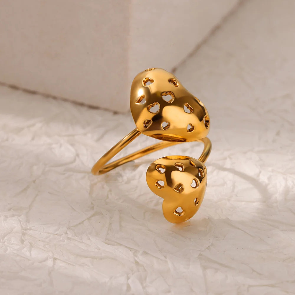 luckacco double heart rings for women gold color stainless steel open adjustable ring female fashion party wedding aesthetic jewelry gift