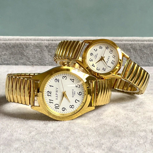 Luckacco Classic Vintage Business Couple Women Men Elastic Gold Sliver Quartz Watch Tide Lovers Couple Bracelet Watches Party Office Gift