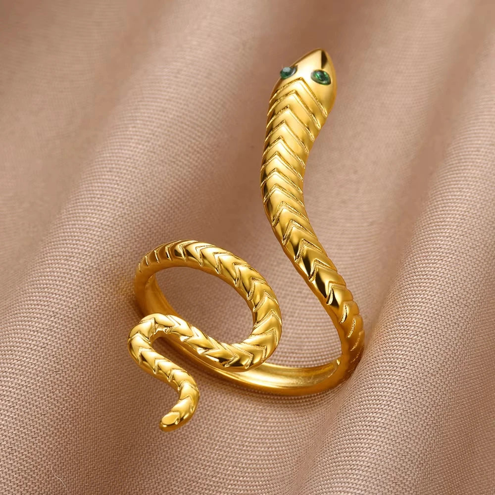 luckacco gold plated stainless steel green zircon snake rings for women men open adjustable finger ring vintage gothic aesthetic jewelry