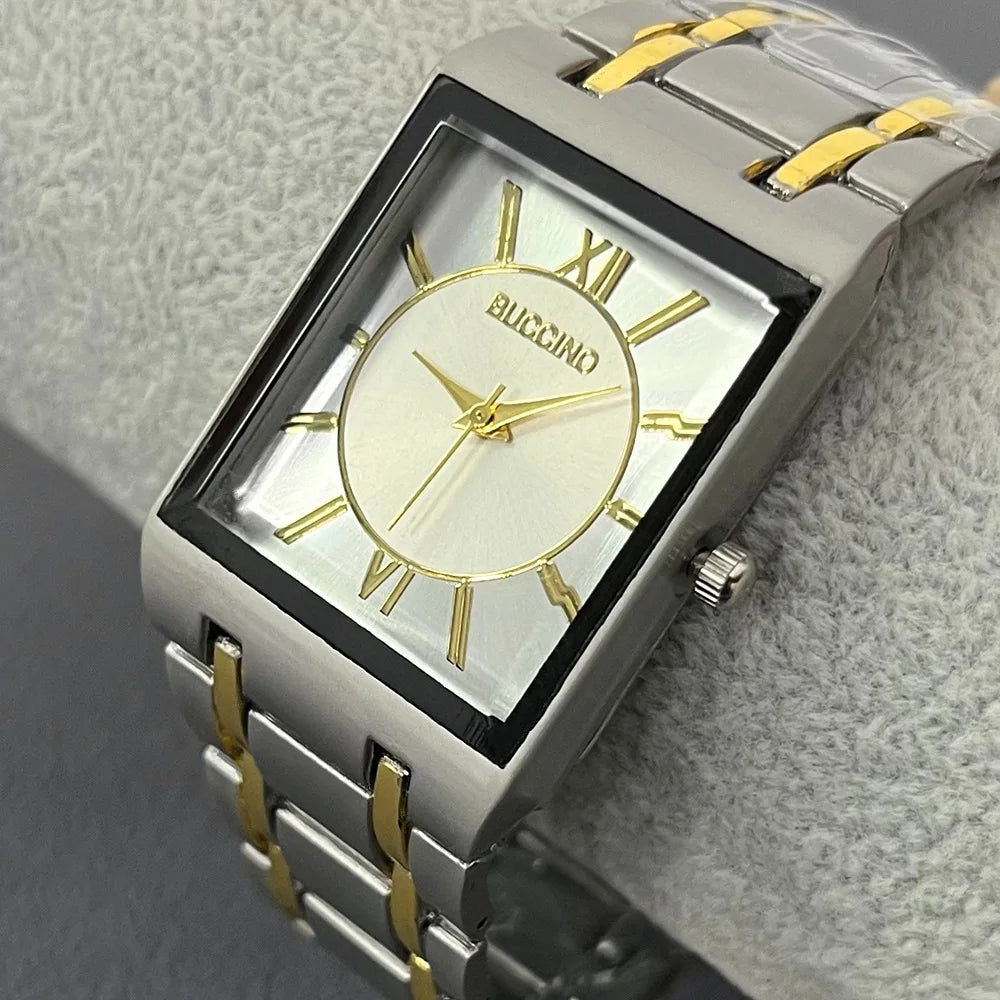 luckacco newest men watches fashion elegant rectangle dial steel clock quartz watch men's silver gold plated wristwatch masculino relogio
