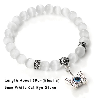 Luckacco Natural Cat Eye Stone Bracelet & Bangle for Women Brief White Pink Opal Beads Yoga Balance Jewelry Lucky Wristband Handmade Gift