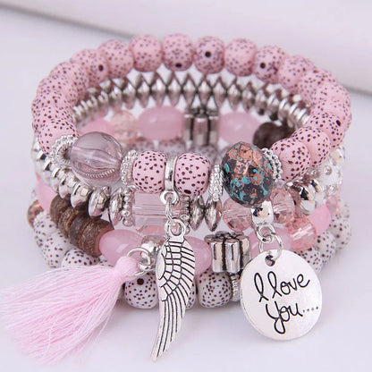 Luckacco DIEZI Bohemian Multicolor Pink Crystal Beads Bracelets Women Girls Elastic Tassel Wing Letters Rope Bracelet Pulseira Feminina