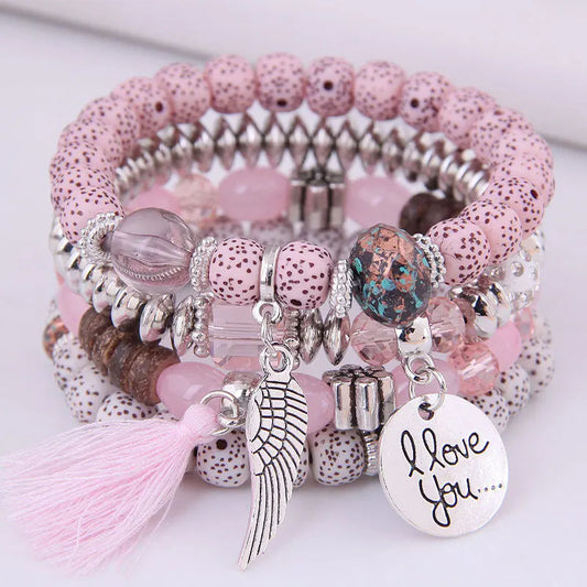 Luckacco DIEZI Bohemian Multicolor Pink Crystal Beads Bracelets Women Girls Elastic Tassel Wing Letters Rope Bracelet Pulseira Feminina