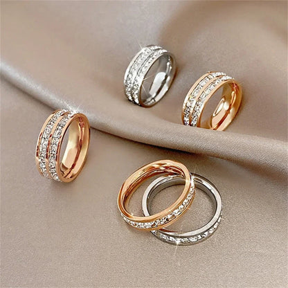 Luckacco Luxury Rose Gold Double Rowed Square Zircon Stainless Steel Ring Women's Romantic Engagement Wedding Party Jewelry Women Gift