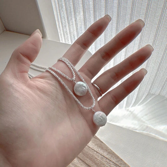 Luckacco New 925 Sterling Silver Round Pearl Necklace Simple Style Charm Pendant Choker Birthday Gift for Women Fine Jewelry