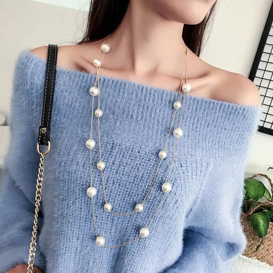 Luckacco Classic Simple Long Pearl Spiral Adjustable Pendant Necklace for Women Charm Zircon Sweater Chain Exquisite Jewelry Accessories