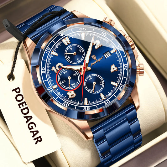 Luckacco POEDAGAR Trendy Men's Watch Luminous Waterproof Stainless Steel Male Watch Chronograph Date Sports Quartz Watches For Men Reloj