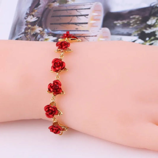 Luckacco Romantic Adjustable Red Rose Link Chain Bracelet Fashion Valentine Gift for Lover Women's Hand Bracelets Bride Jewelry Accessori