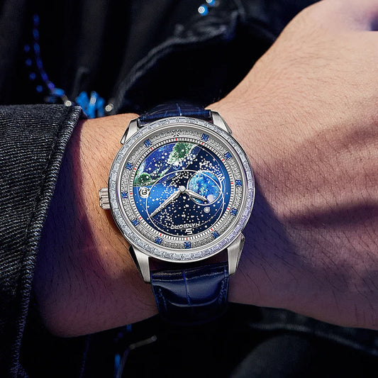 Luckacco HANBORO Lunar Exploration Series Men's Fully Automatic Mechanical Watch Fashion Starry Night Light Waterproof Watch