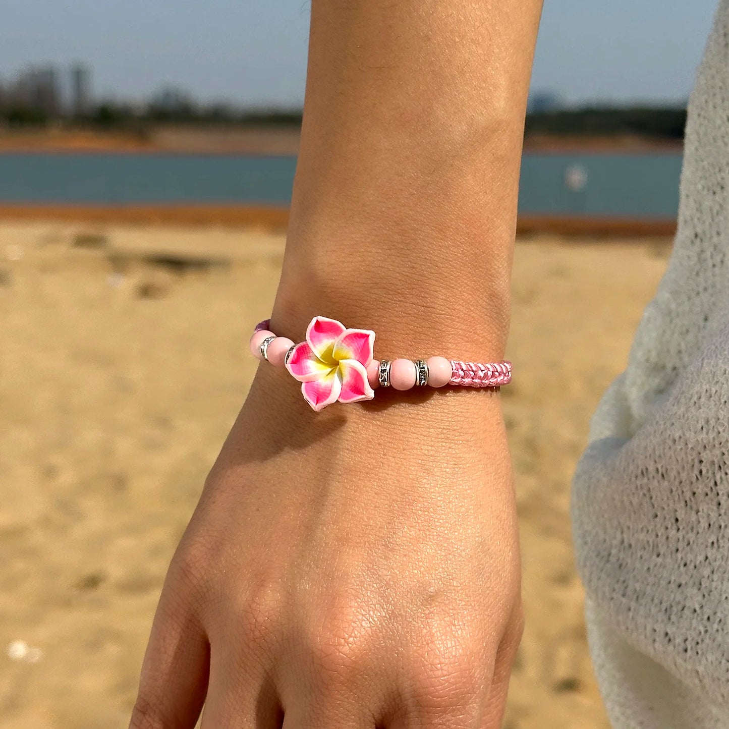 luckacco 2025 new bohemian colorful big flower polymer clay bracelet for women charm handmade woven bangles summer beach jewelry gift