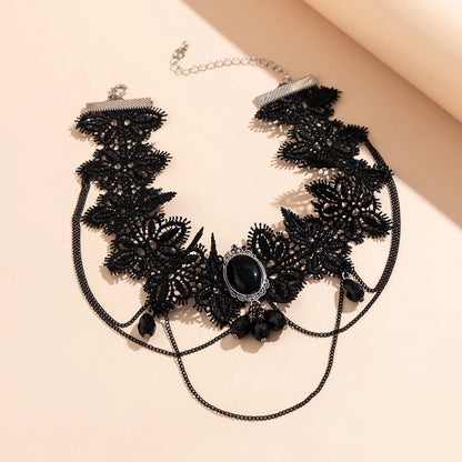 Luckacco Lacteo Gothic Black Lace Rope Chain Necklace Crystal Beads Geometric Charm Chokers Collar Girls Women Party Y2K Jewelry New