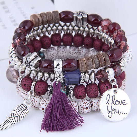 Luckacco DIEZI Bohemian Multicolor Pink Crystal Beads Bracelets Women Girls Elastic Tassel Wing Letters Rope Bracelet Pulseira Feminina