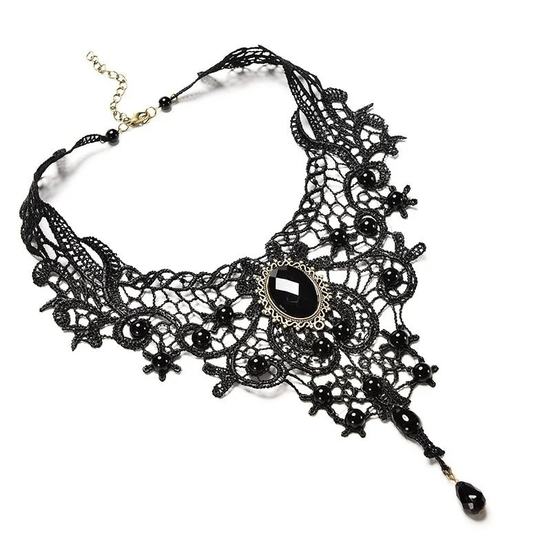luckacco fashion new vintage gem black lace bead necklace gothic steampunk style stonego gothic collar necklace pendant