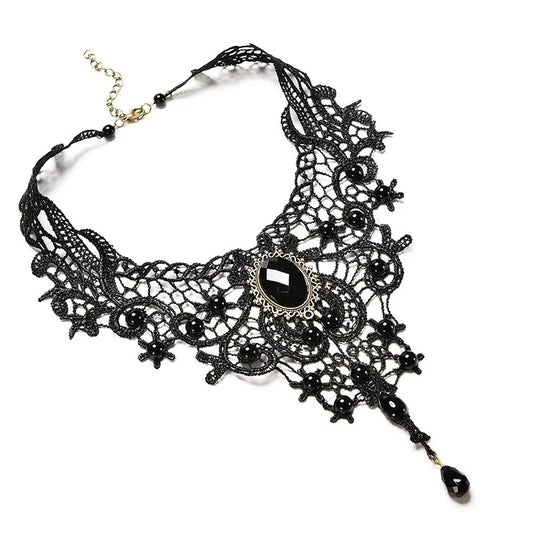 Luckacco Fashion New Vintage Gem Black Lace Bead Necklace Gothic Steampunk Style Stonego Gothic Collar Necklace Pendant