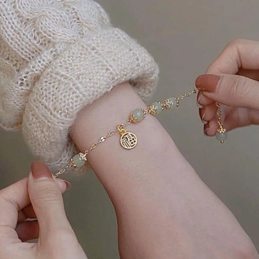 Luckacco Fu Character Lucky Hetian Jade Antique Bracelet Creative All-Match Auspicious Cute Female Temperamental Fashion Gifts Femme