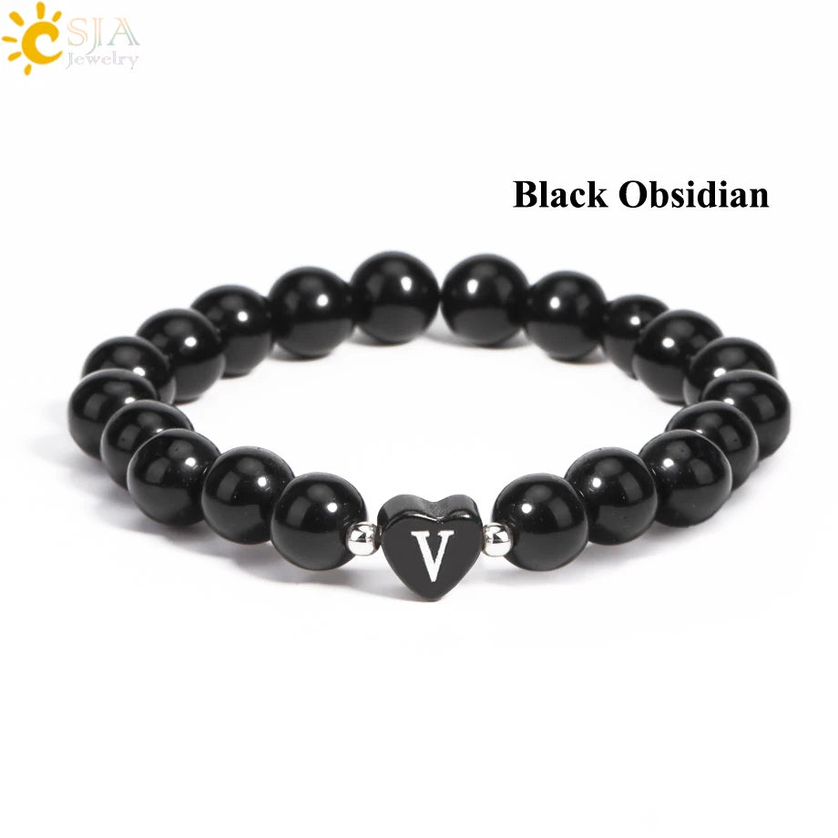luckacco 26 letter a-z initial heart shape crystal bracelets real natural stone beads amethysts obsidian sodalite bracelet for lover h283