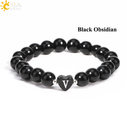 Luckacco 26 Letter A-Z Initial Heart Shape Crystal Bracelets Real Natural Stone Beads Amethysts Obsidian Sodalite Bracelet for Lover H283