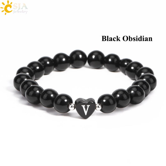 Luckacco 26 Letter A-Z Initial Heart Shape Crystal Bracelets Real Natural Stone Beads Amethysts Obsidian Sodalite Bracelet for Lover H283