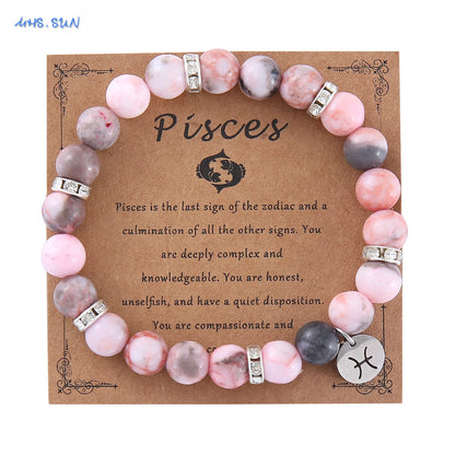 Luckacco MHS.SUN 12 Star Zodiac Sign Pink Zebra Stone Beaded Bracelets Constellation Fashion Birthday Party Jewelry For Women Men