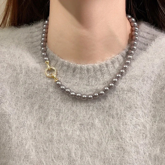 Luckacco French Elegant Micro Set Zircon Round Buckle Imitation Pearl Beaded Necklace For Women's Temperament Jewelry Sweet Accessories
