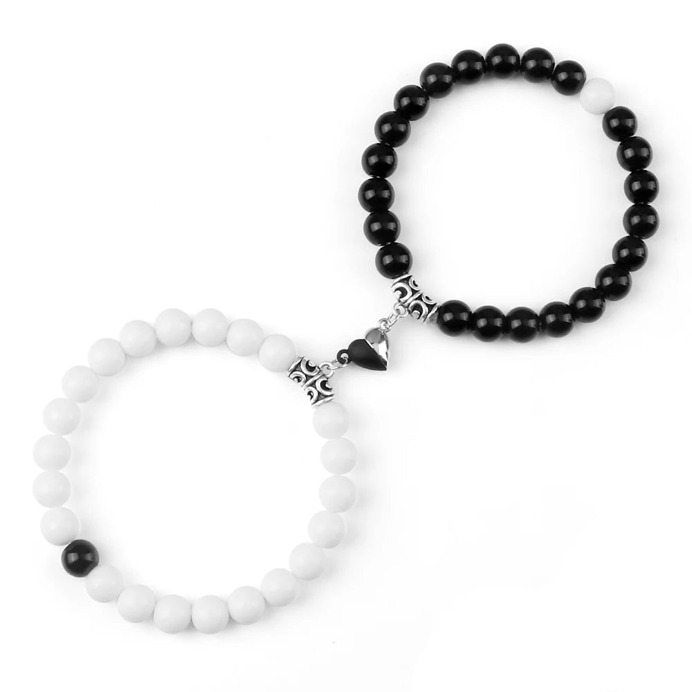 luckacco 2pcs/set natural stone beaded bracelet for lovers distance heart magnet buckle couple bracelets friendship fashion jewelry gifts