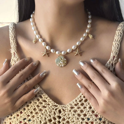 Luckacco Trendy Boho Imitation Pearl Metal Necklace Pendant for Women Ocean Shell Starfish Conch Choker Necklace Beach Jewelry Gift