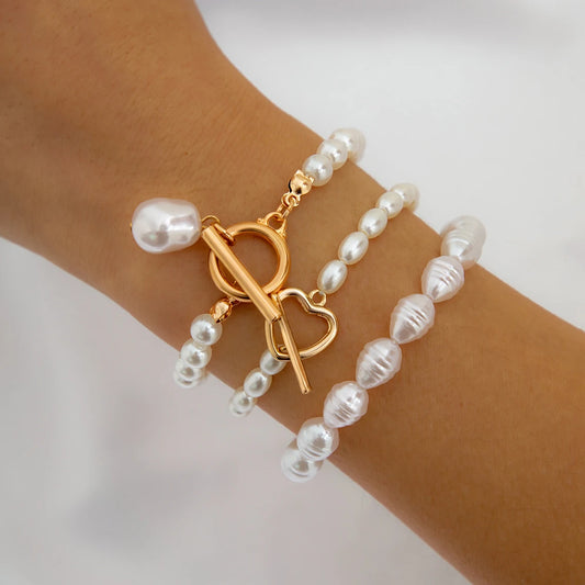 Luckacco Vintage Imitation Pearl Heart OT Buckle Pendant Bracelet for Women Wed Bridal Bead Chain Bangles Couple Hand Jewelry New