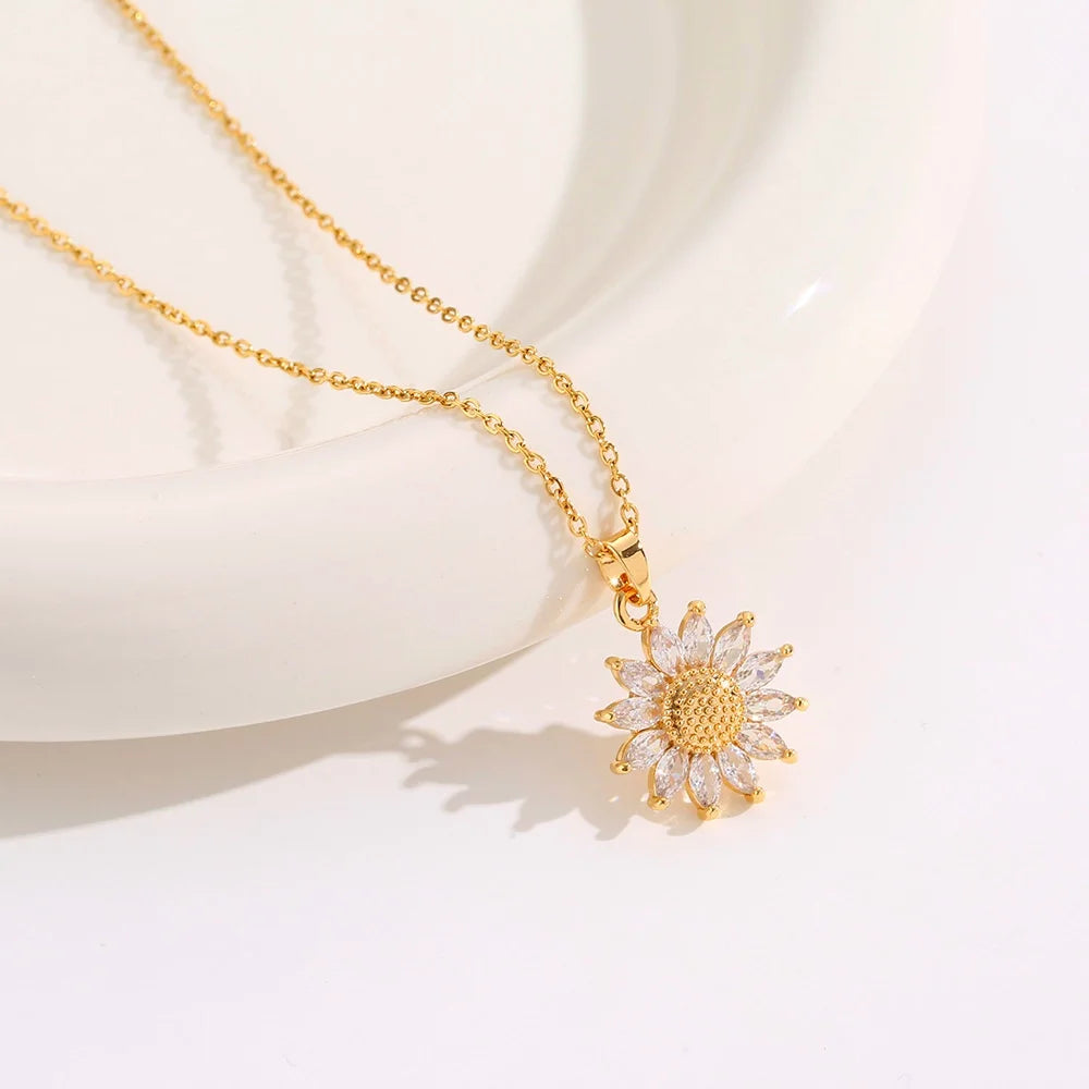 luckacco classic sunflower cubic zirconia pendant necklaces for women gold color alloy rotate necklace daily jewelry
