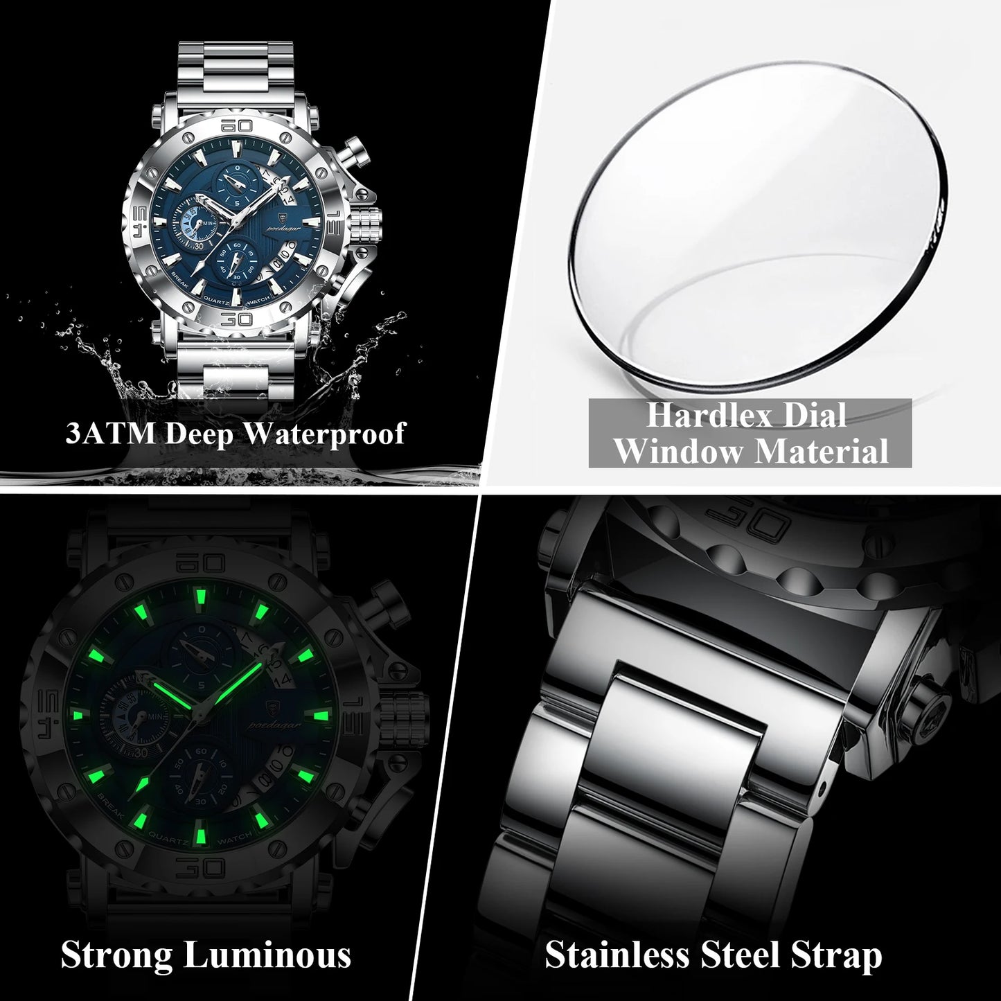 luckacco poedagar luxury watch for men calendar luminous waterproof man clock male chronograph stainless steel men's quartz watches reloj