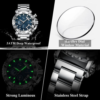 Luckacco POEDAGAR Luxury Watch For Men Calendar Luminous Waterproof Man Clock Male Chronograph Stainless Steel Men's Quartz Watches Reloj
