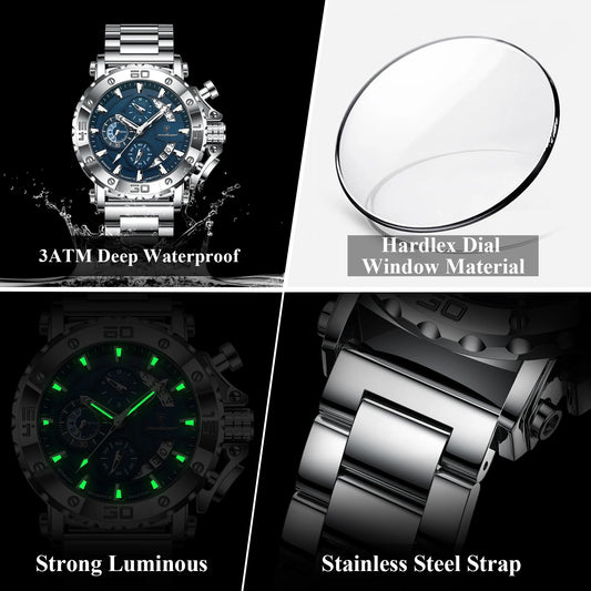 Luckacco POEDAGAR Luxury Watch For Men Calendar Luminous Waterproof Man Clock Male Chronograph Stainless Steel Men's Quartz Watches Reloj