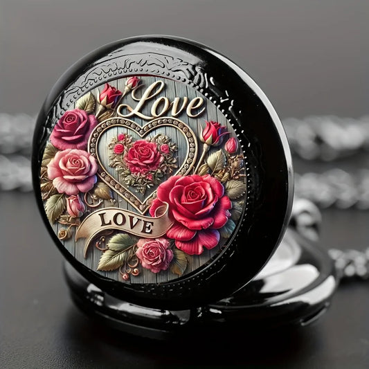 Luckacco Elegant Fashion Heart-Shaped Pocket Watch Necklace with Alloy Case, Pink Floral Design & Quartz Movement - Women's Jewelry
