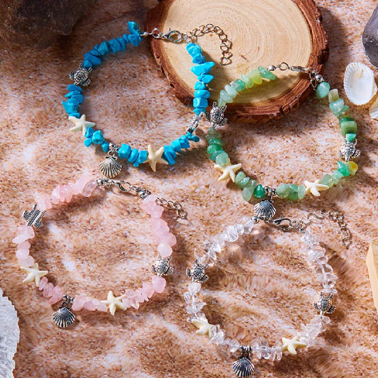 Luckacco Natural Crystal Stone Shell Bracelet Bohemian Painted Shell Starfish Anklet Beaded Bracelet For Women Beach Jewelry Gifts