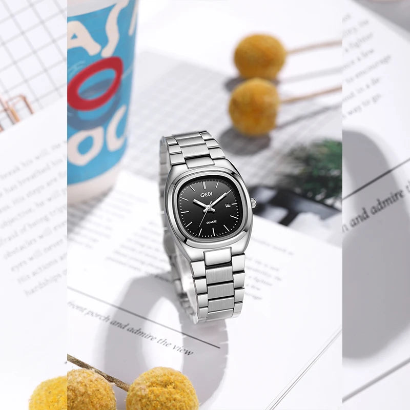 luckacco simple dual calendar women's watch high value solid steel waterproof watch ladies niche oval quartz watch