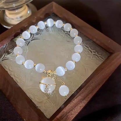 Luckacco Elegant Cat Pendant Opal Beaded Bracelet for Women Cute Handmade Beads Versatile Party Jewelry Grils Perfect Gift
