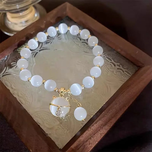 Luckacco Elegant Cat Pendant Opal Beaded Bracelet for Women Cute Handmade Beads Versatile Party Jewelry Grils Perfect Gift