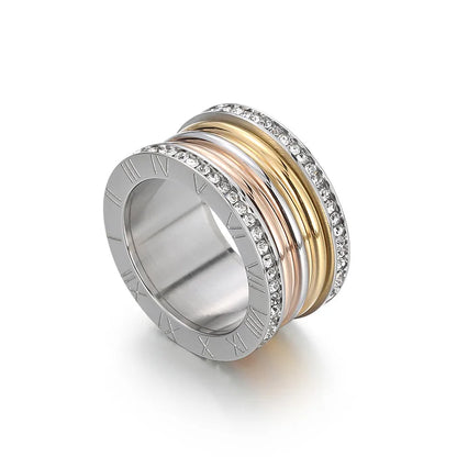 Luckacco Elegant Stainless Steel Large Rings for Women Roman Alphabet Shiny Zircon Ring Chunky Anillos Mujer Party Wedding Jewelry Luxury