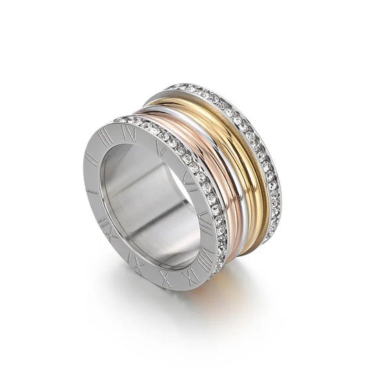 Luckacco Elegant Stainless Steel Large Rings for Women Roman Alphabet Shiny Zircon Ring Chunky Anillos Mujer Party Wedding Jewelry Luxury