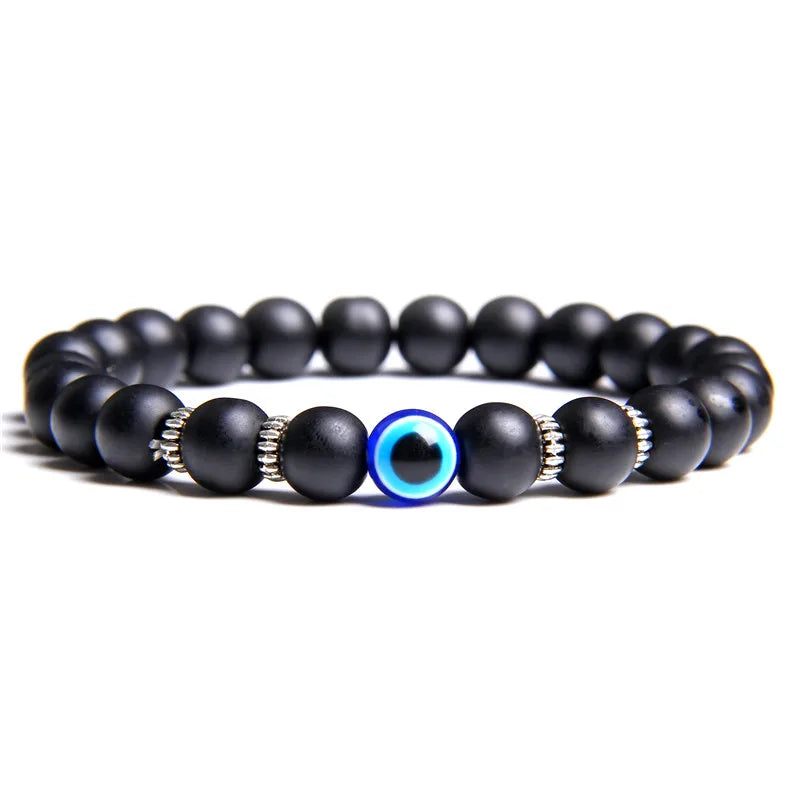 luckacco lucky evil eye beads bracelet natural stone lava hematite bracelet set multilayer bracelets women men handmade elastic jewelry