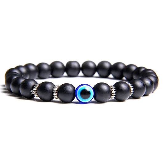 Luckacco Lucky Evil Eye Beads Bracelet Natural Stone Lava Hematite Bracelet Set Multilayer Bracelets Women Men Handmade Elastic Jewelry
