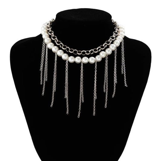 Luckacco Vintage Tassel Pendant Clavicle Necklace Women 2023 Multi layered Simple and Sweet Imitation Pearl Beaded Girl Fashion Jewelry