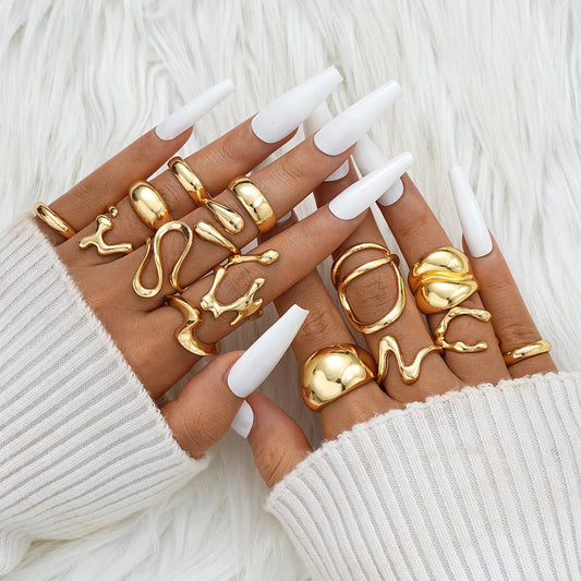Luckacco Vintage Chic Geometric Stone Inlaid Ring Set for Women Simple Chunky Gold Color Geometric Rings Daily Wear Party Jewelry Gifts
