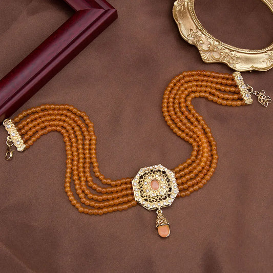 Luckacco Sunspicems Chic Morocco Jewelry Bead Chain Choker Necklace For Women Gold Color Square Mesh Pendnat Arabic Bridal Wedding Bijoux