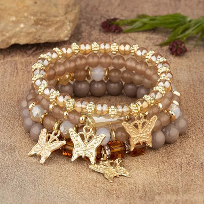 Luckacco 4Pcs Trendy Butterfly Beaded Bracelet Set For Women Pink Acrylic Beads Elastic Chain Bangle Female Bohemian Party Jewelry Gift