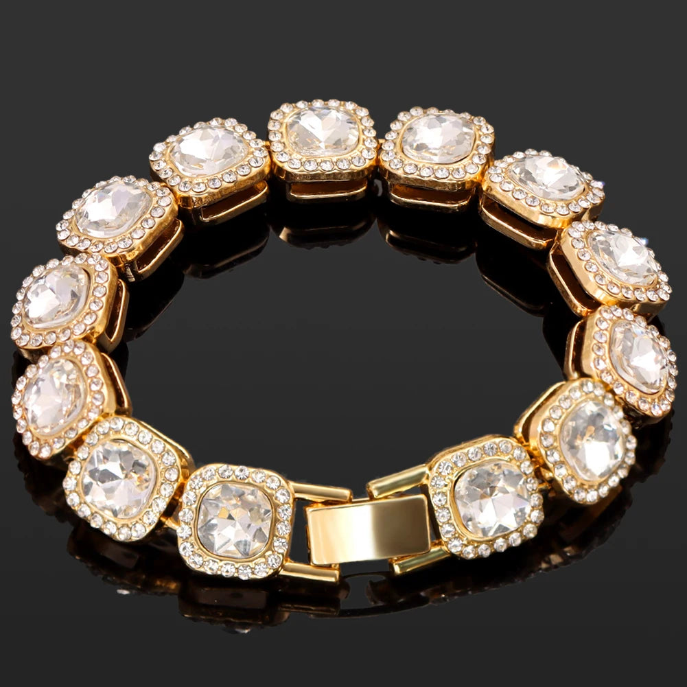luckacco iced out pink cuban bracelet for women hip hop gold silver color crystal heart circle square bracelet 4pcs set jewelry gift