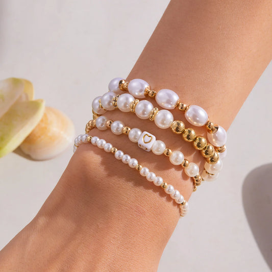Luckacco Boho Imitation Pearl Beaded Metal Beads Bracelet for Women Vintage Handmade Woven Adjustable Chain Bowknot Heart Jewelry Gifts