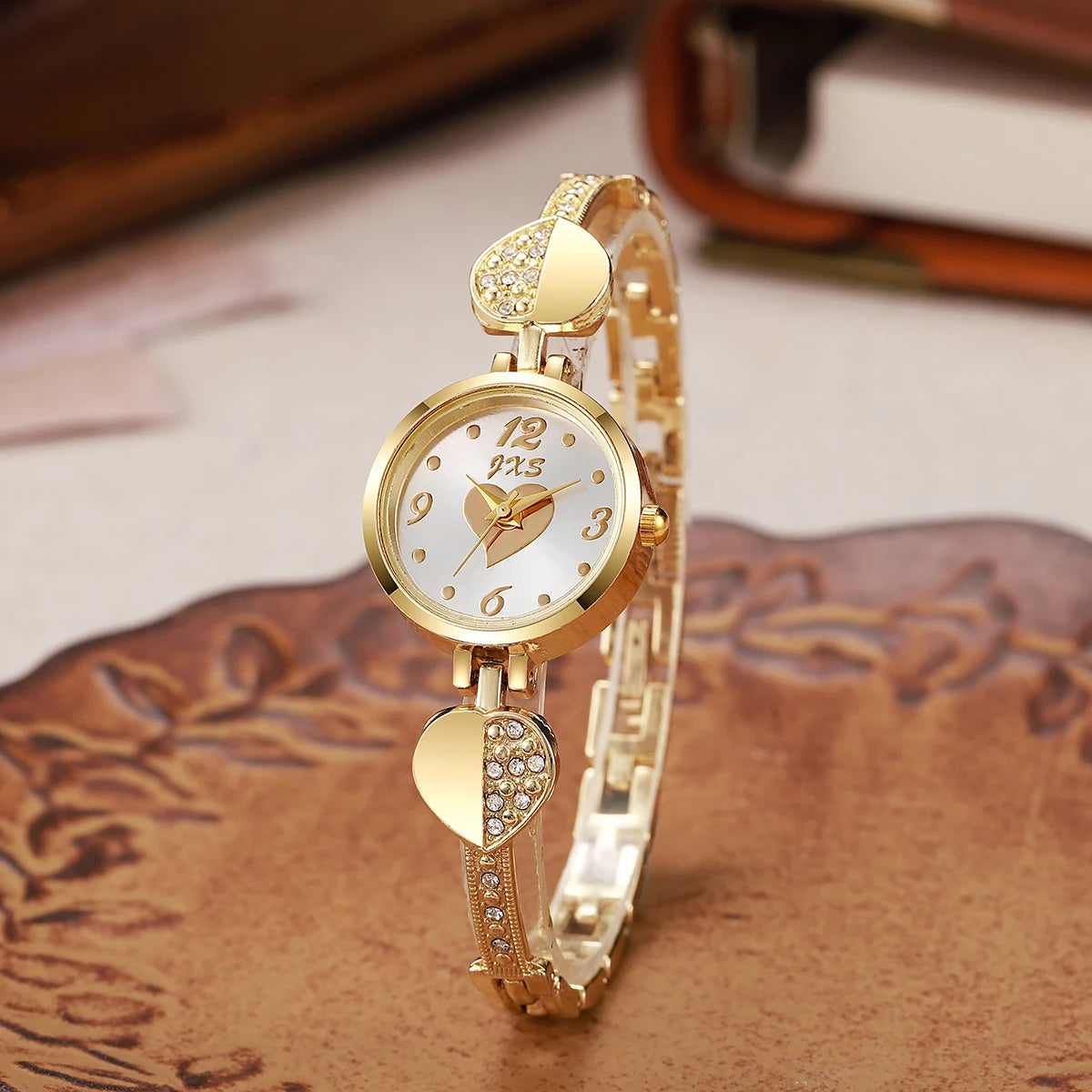 luckacco new small gold watch with diamond inlaid bracelet watch, women's compact round quartz watch