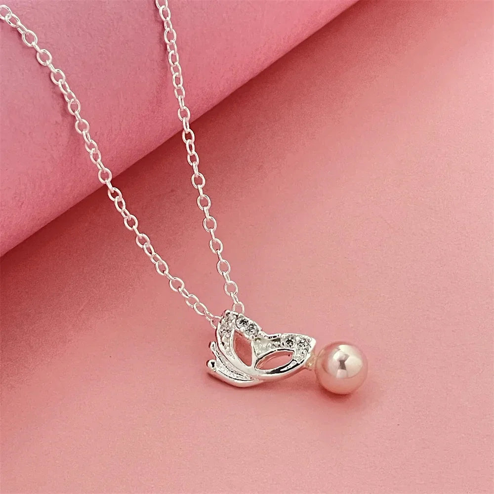 luckacco exquisite 925 silver jewelry, butterfly pearl pendant with diamonds and a thin chain, elegant style