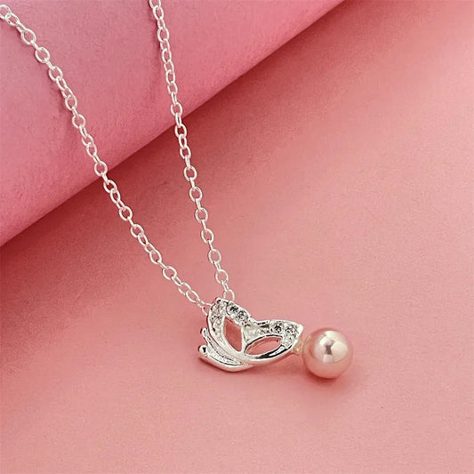 Luckacco Exquisite 925 silver jewelry, butterfly pearl pendant with diamonds and a thin chain, elegant style