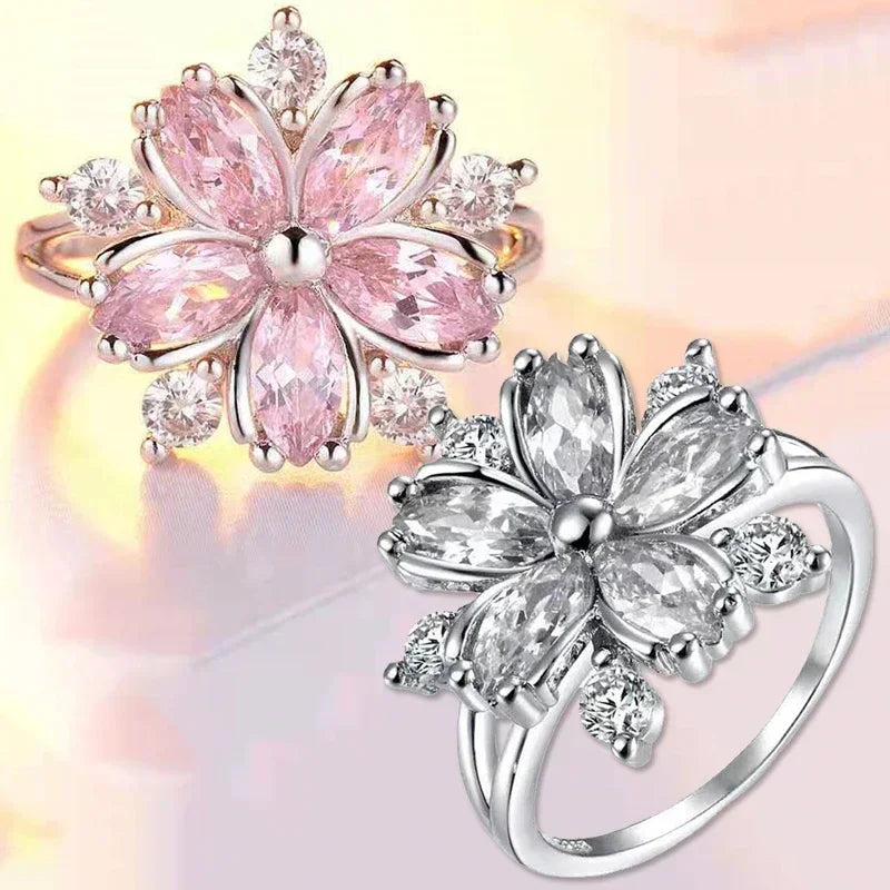 luckacco fashion sakura princess rings pink crystal stone ring charm for women dainty bride flower zircon engagement ring кольца